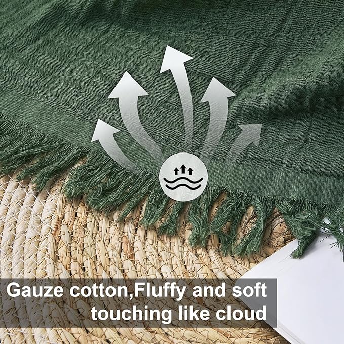 Cotton Muslin Throw Blanket with Tassels, Lightweight Woven Gauze, Pre-Washed Breathable Farmhouse Decor for Bed, Couch, All-Season Use (Olive Green, 50" x 60")