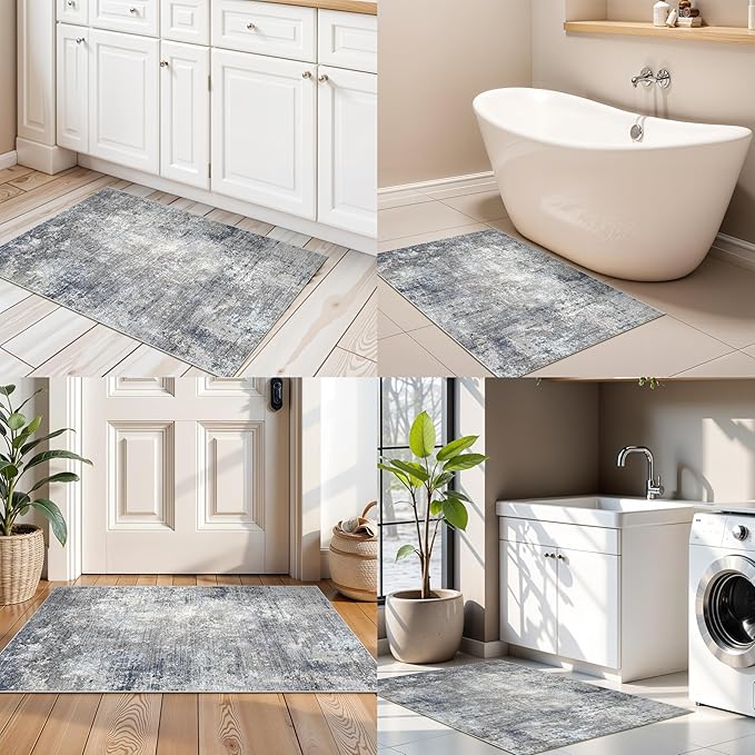 2x3 Washable Non-Slip Rug – Modern Abstract Neutral Small Throw Area Rug for Kitchen, Entryway, Bedroom – Soft Low Pile Thin Indoor Door Mat（Blue Grey,2x3）