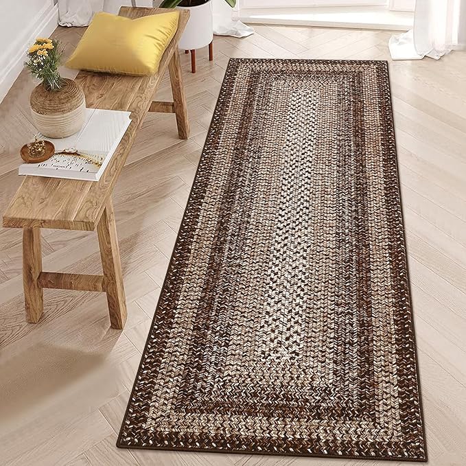 RUGSREAL Runner Rug 2x8 Machine Washable Hallway Runner Rug Entryway Long Runner Carpet Braided Printed Throw Mat Non Slip Kitchen Mat Living Room Rustic Carpet for Bedroom Dining Room, Brown