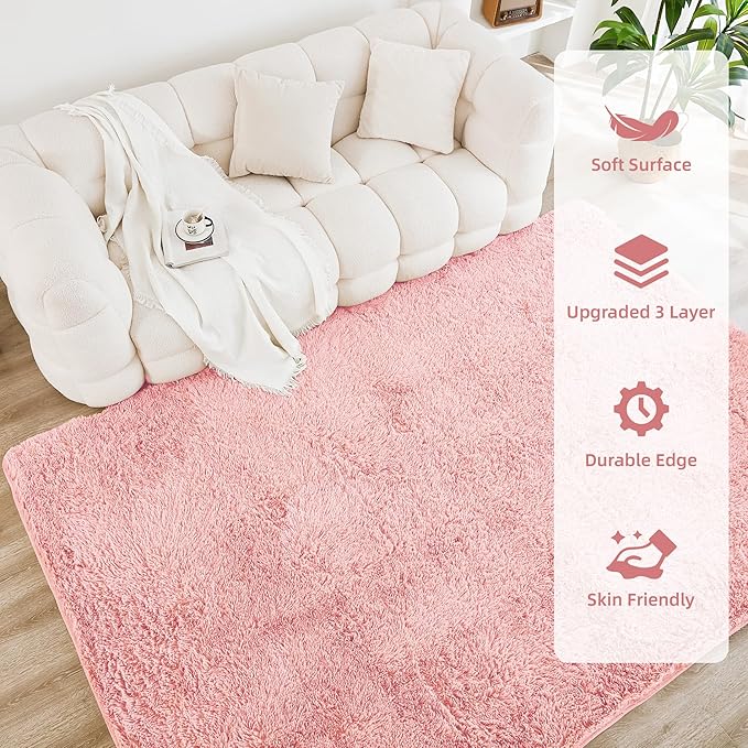 Litanika 8x10 Shag Area Rug for Living Room Bedroom, Pink High Pile Soft Plush Shaggy Furry Cute Bedside Playroom Dorm Carpet, Non-Slip, Non-Shedding Modern Indoor Floor Rug