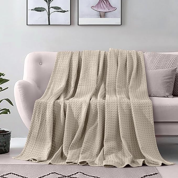 Elegant Comfort Premium 100% Cotton Waffle Blanket - Lightweight Breathable Waffle Weave Bed Blanket - Soft and Warm All Season Blanket for Couch, Sofa and Bed, Full Size 88x88 Inches, Linen