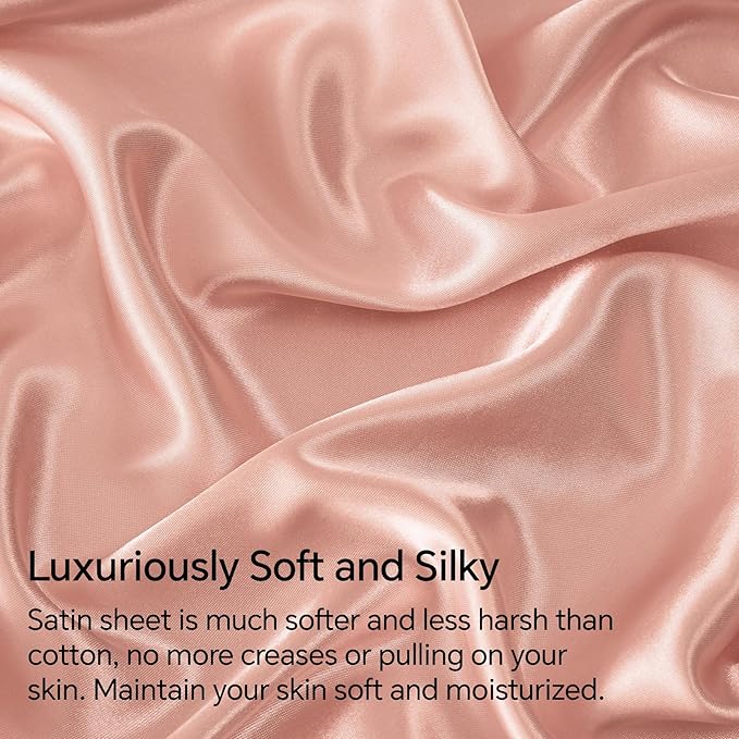 BEDELITE Satin Sheets Full Size Bed Set, Luxury Soft Coral Pink Silky Sheets for Hair and Skin, Similar to Silk Bed Sheets Set 4 Pieces with 1 Deep Pocket Fitted Sheet, 1 Flat Sheet, and 2 Pillowcases
