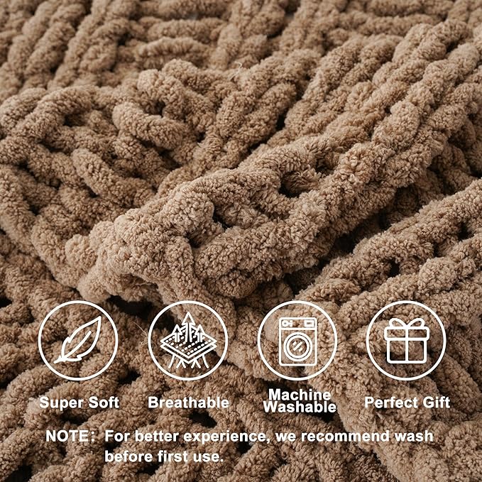 Battilo Beige Chunky Knit Throw Blanket for Couch, Super Soft Thick Warm Cable Knitted Blanket, Khaki Polyester Throw Taupe Blankets for Bed, Sofa, Living Room, 50"x60"