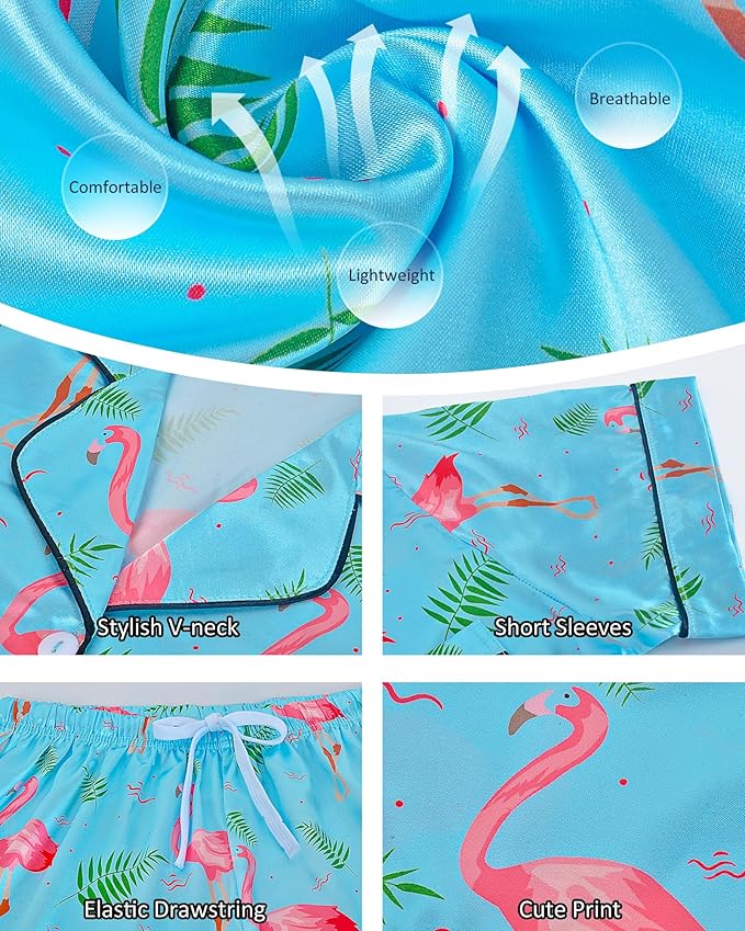 Womens Silky Pajama Sets Short Sleeve Loungewear 2 Pcs Satin Soft Pj Sets Button Down Women's Summer Sleepwear
