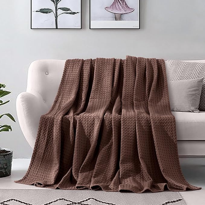 Elegant Comfort Premium 100% Cotton Waffle Blanket - Lightweight Breathable Waffle Weave Bed Blanket - Soft and Warm All Season Blanket for Couch, Sofa and Bed, TwinXL Size 68x90 Inches, Brown