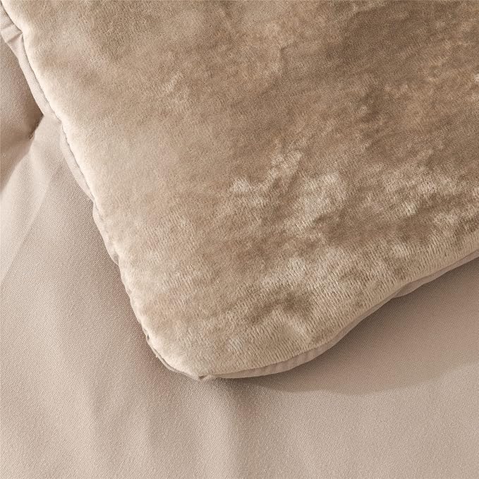 Fredsure Distressed Velvet Comforter Set, 5 Pieces Khaki Queen, Distressed Velvet Face and Brushed Microfiber Reverse