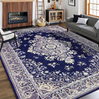 CRYPTOLITE Living Room Rug 7x10, Machine Washable Area Rug Non Slip Low Pile Rug for Living Room, Bedroom, Farmhouse, Dining Room, Navy Blue