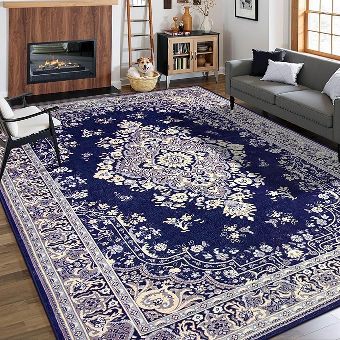 CRYPTOLITE Living Room Rug 7x10, Machine Washable Area Rug Non Slip Low Pile Rug for Living Room, Bedroom, Farmhouse, Dining Room, Navy Blue