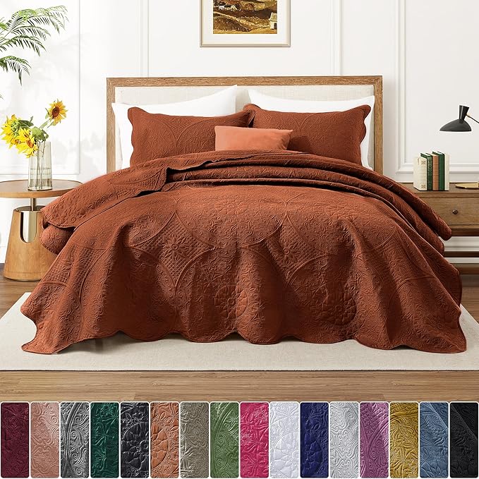 IR Imperial Rooms 10 Pack Queen Quilt Bedding Set (90" x 96") - Bulk Wholesale for Hotels, Guest Bedroom & Airbnbs - Lightweight Microfiber Reversible Floral Embossed Quilts Bedspreads (Rust)