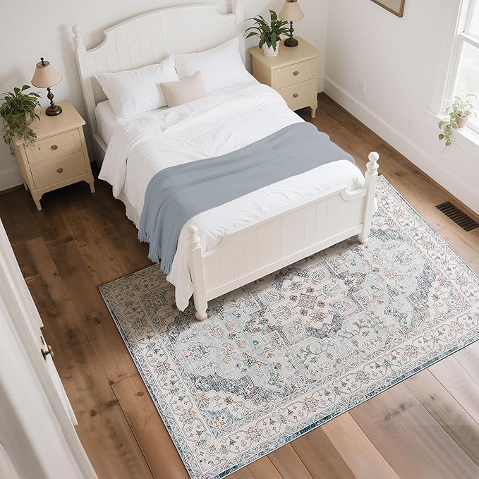 CRYPTOLITE Living Room Rug 7x10, Machine Washable Area Rug Non Slip Low Pile Vintage Rug for Living Room, Bedroom, Farmhouse, Dining Room, Kids Playroom, Blue
