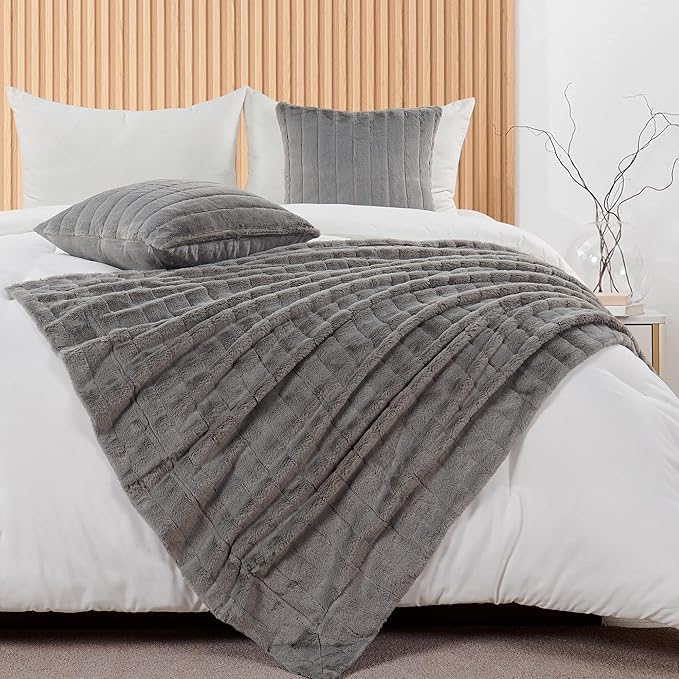 Striped Throw Blanket and Pillow Covers Set (No Inserts) for Couch and Bed, Plush Warm Lightweight Fuzzy Faux Fur Blanket for All Seasons (60" x 80", Gray)