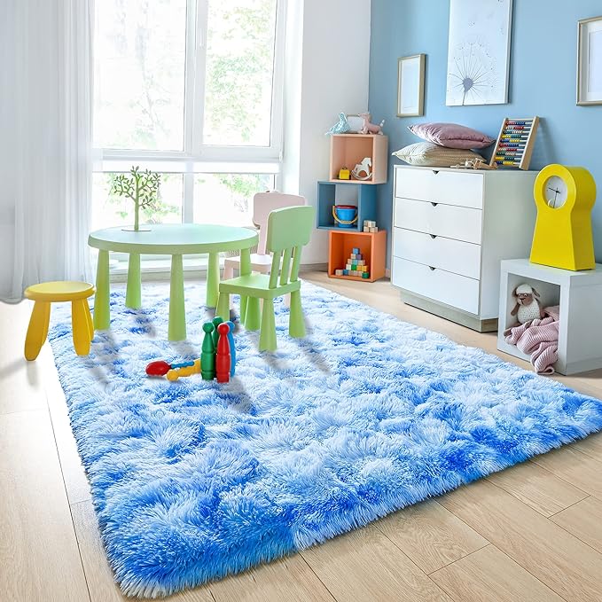 Noahas Kids Rugs for Bedroom Girls,3x5 Feet Rainbow Rug,Tie-Dyed Blue Kids Carpet,Shaggy Fluffy Bedroom Rug,Colorful Area Rug Nursery Toddler Boys Girls Room Decor