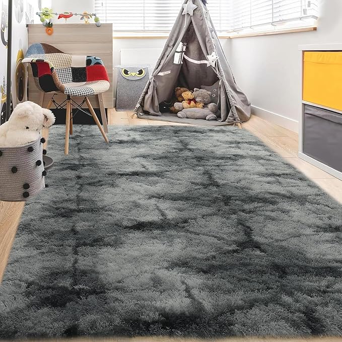 junovo 5x8 Area Rugs - Non-Slip Ultra Soft Washable High Pile Bedroom Rug for Kids, Living Room, Nursery & Dorm, Grey Flame Retardant Plush Shaggy Rug Home Decor