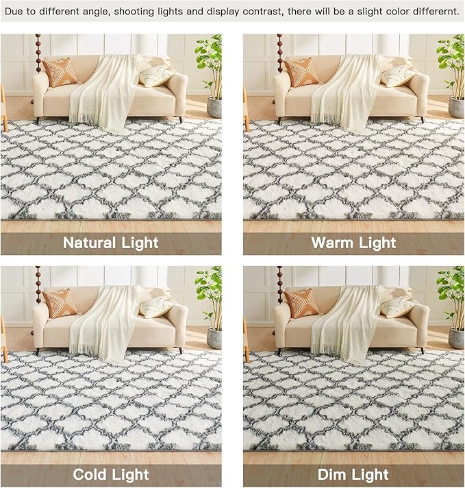 Litanika 4x6 Geometric Shag Area Rug for Bedroom, White and Grey High Pile Ultra Soft Plush Shaggy Furry Bedside Playroom Dorm Carpet, Non-Slip, Non-Shedding Indoor Floor Rug