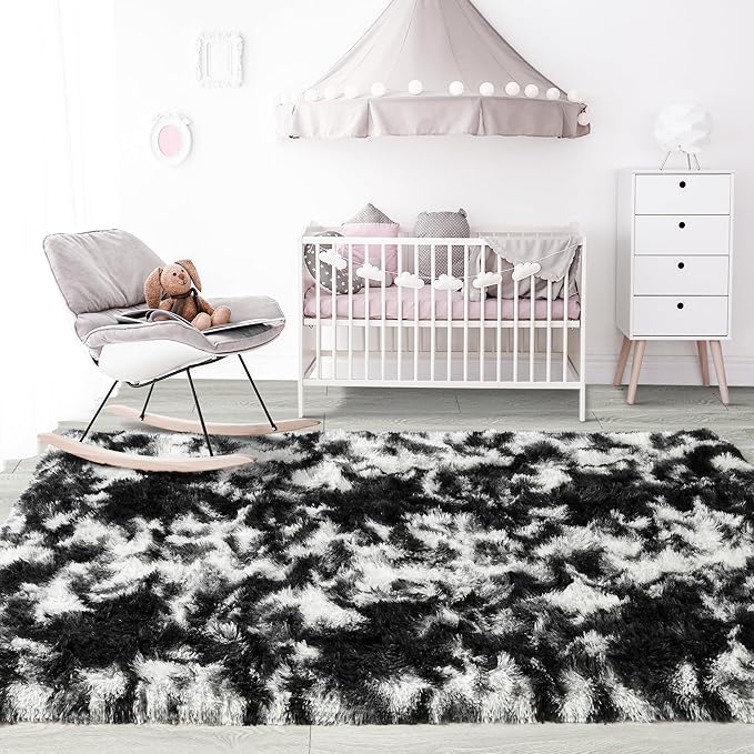Noahas Large Fluffy 6x9 Area Rugs for Living Room Bedroom,Tie-Dyed Black and White Thick Shag Throw Rug,Big Soft Shaggy Bedside Non-Slip Plush Dorm Nursery Kids Carpet