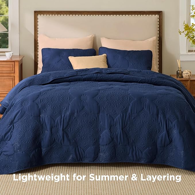 Bedsure Quilts Queen Size - Navy Blue Bedspread Queen Size & Lightweight Comforter, Modern Coverlet with Mandala Pattern, Ultra Soft All-Season Bedding, 90 x 96 Inches | Stitch-Free Quilting, Ultra Soft, Lightweight, Machine Washable, Pet-Friendly
