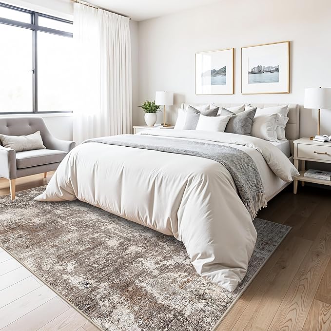 5x7 Washable Living Room Rug – Modern Neutral Abstract Area Rug for Bedroom, Dining Room, Kitchen & Home Office – Low Pile Thin Non-Slip Indoor Carpet (Brown Beige,5x7)