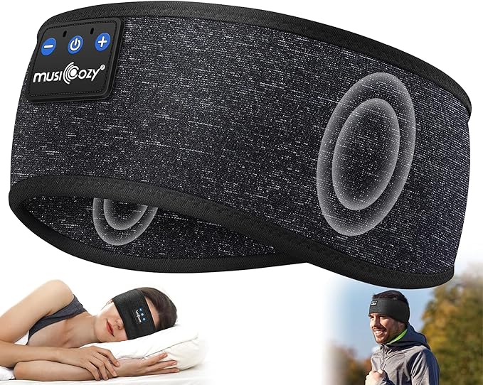 MUSICOZY Sleep Headphones Bluetooth Mask, Eye Masks with Headband, Sleeping Headphones for Side Sleepers Headband and Sleep Mask with Bluetooth Headphone Perfect for Sleeping