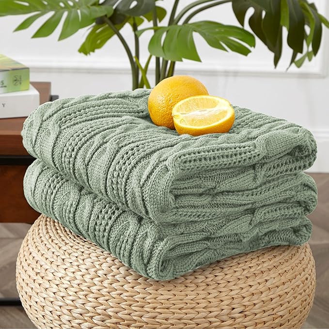Aormenzy Cable Knit Throw Blankets 50 x 60 Inches, Soft Cozy and Lightweight Knitted Blanket, Machine Washable Acrylic Blanket, Decorative Throw Blanket for Couch Sofa Bed, Sage Green