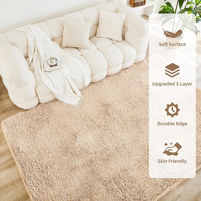 Litanika 3x5 Shag Area Rug for Living Room Bedroom, Beige High Pile Ultra Soft Plush Shaggy Furry Cream Bedside Playroom Dorm Carpet, Non-Slip, Non-Shedding Modern Indoor Floor Rug