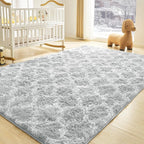 Litanika 6x9 Geometric Shag Area Rug for Bedroom, Light Grey and White High Pile Ultra Soft Plush Shaggy Furry Bedside Playroom Dorm Carpet, Non-Slip, Non-Shedding Indoor Floor Rug