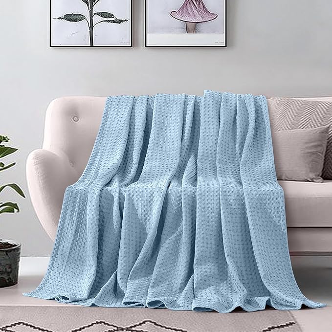 Elegant Comfort Premium 100% Cotton Waffle Blanket - Lightweight Breathable Waffle Weave Bed Blanket - Soft and Warm All Season Blanket for Couch, Sofa and Bed, Full Size 88x88 Inches, Light Blue