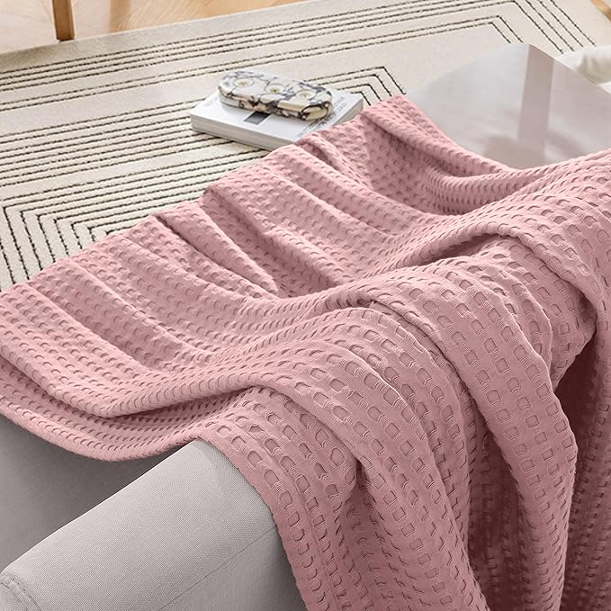 Elegant Comfort Premium 100% Cotton Waffle Blanket - Lightweight Breathable Waffle Weave Bed Blanket - Soft and Warm All Season Blanket for Couch, Sofa and Bed, Queen Size 90x90 Inches, Dusty Rose