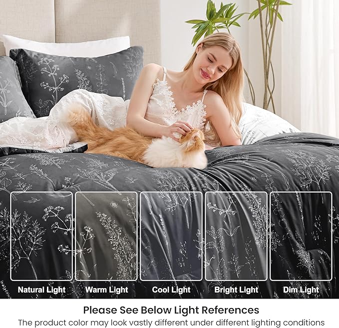 Love's cabin Black Full Size Comforter Set - Full Comforter Set, 3 Pieces Cute Floral Bedding Sets for All Seasons,1 Soft Reversible Botanical Flowers Comforter and 2 Pillow Shams