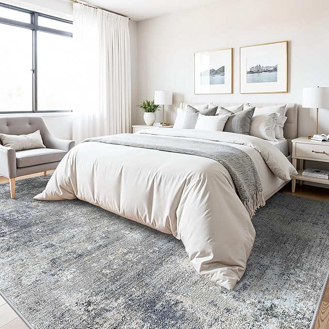 8x10 Washable Living Room Rug – Modern Neutral Abstract Large Area Rug for Bedroom Dining Room Kitchen Home Office Under Table – Non-Slip Low Pile Soft Thin Indoor Carpet（Blue Grey,8x10）