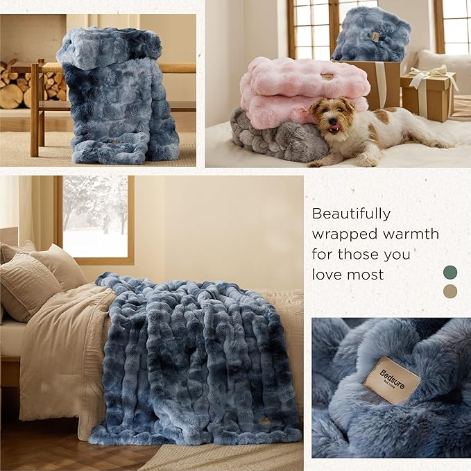 Bedsure GentleSoft Fluffy Fuzzy Tie-dye Blue Throw Blanket, Soft Cozy Fleece Faux Fur Blanket for Couch, Navy Blue Room Decor Minky Velvet Bed Cover, Thick Warm Plush Women Men Birthday Gifts