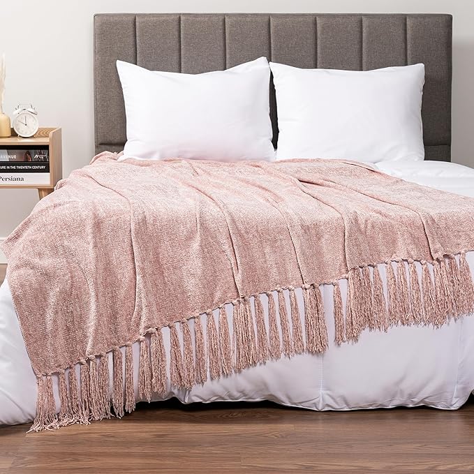 PAVILIA Pink Chenille Throw Blanket for Couch Sofa, Light Pink Soft Knit Throw with Tassel, Decorative Blanket for Bed Chair Living Room, Blush Pink 50x60