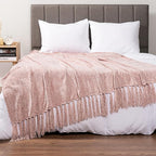 Pavilia Blush Pink Chenille Throw Blanket for Couch & Bed, Soft Knit Woven with Tassels, Textured for Living Room, 60x80