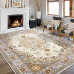 CRYPTOLITE Living Room Rug 7x10, Machine Washable Area Rug Non Slip Low Pile Rug for Living Room, Bedroom, Farmhouse, Dining Room, Beige