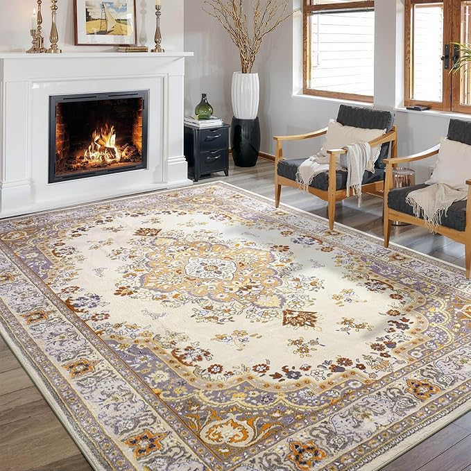 CRYPTOLITE Living Room Rug 7x10, Machine Washable Area Rug Non Slip Low Pile Rug for Living Room, Bedroom, Farmhouse, Dining Room, Beige