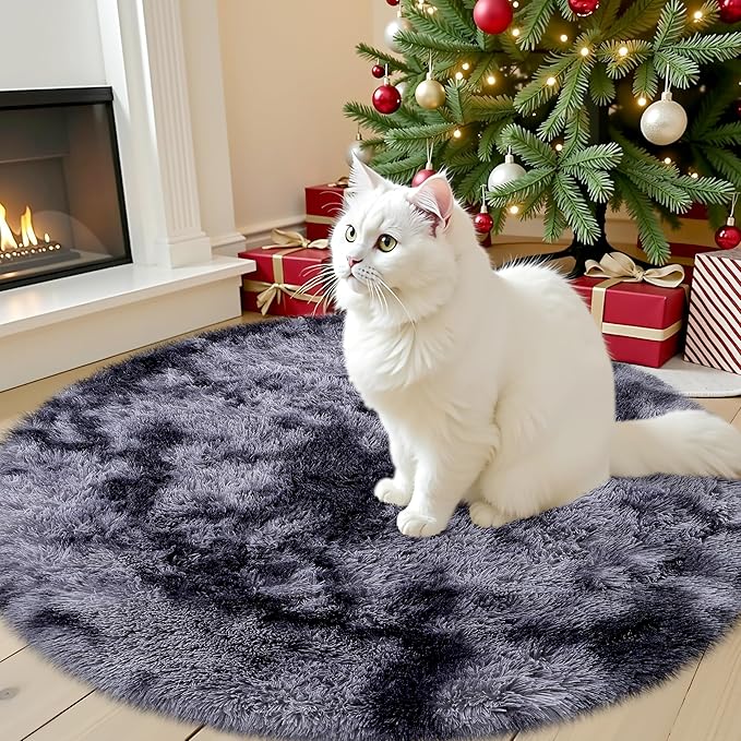 OLANLY Light Grey Tie-dye Round Rugs for Bedroom - Machine Washable, 3x3 Feet Circle Area Rugs for Living Room, Soft and Fluffy Shaggy Carpet for Teen Girls and Boys, Dorms, Home Decor Aesthetic