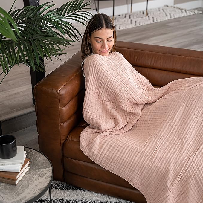 Comfy Cubs Muslin Blanket for Adults Twin 90" x 66" - 6 Layer Soft, Breathable & Lightweight Muslin Adult Blanket - Machine Washable & Designed in The US Bedding for All Seasons - Blush