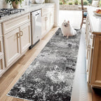 3x8 Washable Hallway Runner – Non-Slip Abstract Modern Neutral Wide Carpet Runner for Kitchen Floor, Entryway, Bedroom, Living Room – Soft Low-Pile Thin Rubber Backing（Black Grey,3x8）