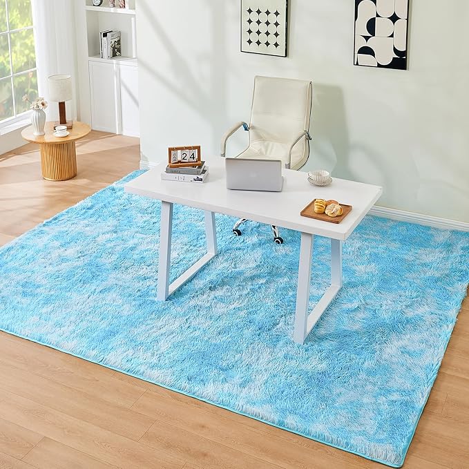 Litanika 8x10 Fluffy Shag Faux Fur Area Rug for Living Room Bedroom, Tie-Dyed Sky Blue High Pile Soft Plush Shaggy Furry Bedside Playroom Dorm Carpet, Non-Slip, Non-Shedding Modern Indoor Floor Rug