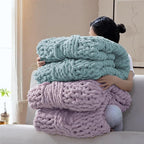 Chunky Knit Blanket Throw - 100% Hand Knitted Chunky Soft Throw Blanket for Couch, Thick and Warm Blanket for Winter, Blue, 50x60 Inches