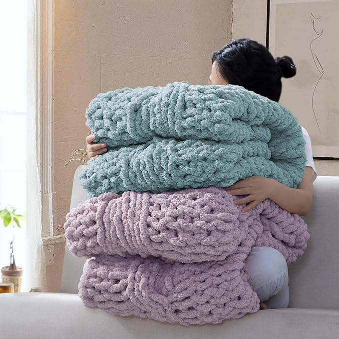 Chunky Knit Blanket Throw - 100% Hand Knitted Chunky Soft Throw Blanket for Couch, Thick and Warm Blanket for Winter, Blue, 40x50 Inches