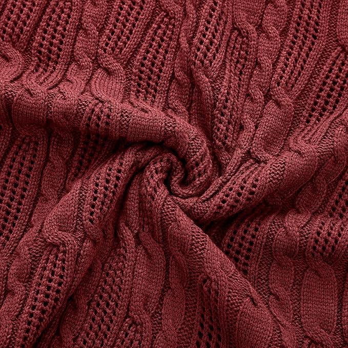 Aormenzy Cable Knit Throw Blankets 50 x 60 Inches, Soft Cozy and Lightweight Knitted Blanket, Machine Washable Acrylic Blanket, Decorative Throw Blanket for Couch Sofa Bed, Dark Red