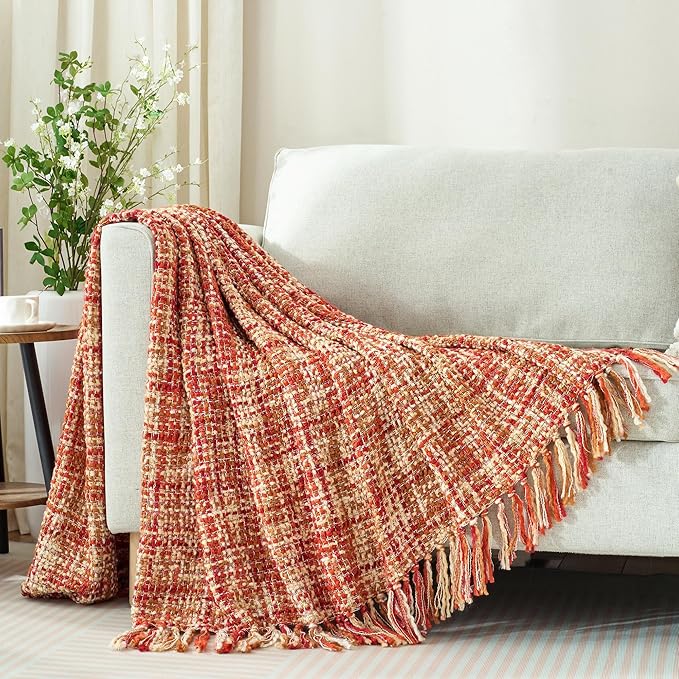 Multi-Color Dark Red Cable Woven Throw Blanket for Couch,60"X80" Boho Style Textured Blankets for Home Decor,Super Soft Warm Cozy Chunky Blanket with Decorative Tassels for Bed