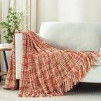 Multi-Color Dark Red Cable Woven Throw Blanket for Couch,60"X80" Boho Style Textured Blankets for Home Decor,Super Soft Warm Cozy Chunky Blanket with Decorative Tassels for Bed