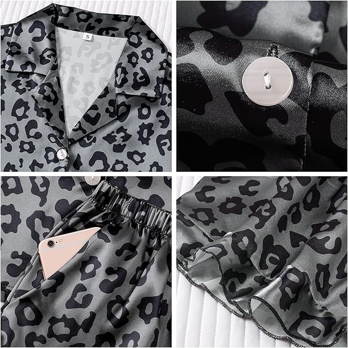 Satin Pajamas Set For Women 2Pcs Ruffled Silk Pj Button Down Pajama Sleepwear Loungewear Summer Nightwear