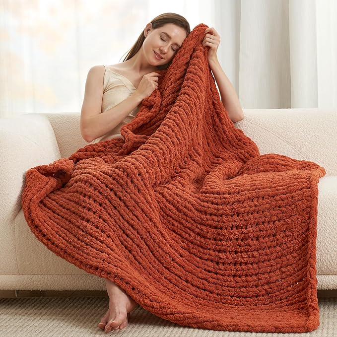 Amélie Home Chunky Knit Throw Blanket for Couch, Soft Chenille Handmade Crochet Throw Rope Knot Blanket for Couch, 50"x60", Burnt Orange