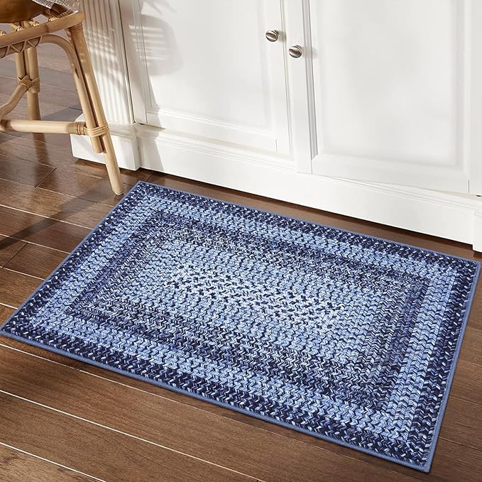 RUGSREAL 2x3 Entryway Rug Small Bedroom Area Rug Braided Printed Mat for Living Room Farmhouse Kitchen Mat Indoor Non Slip Rustic Throw Carpet Machine Washable Rug for Sink Under Table, Navy