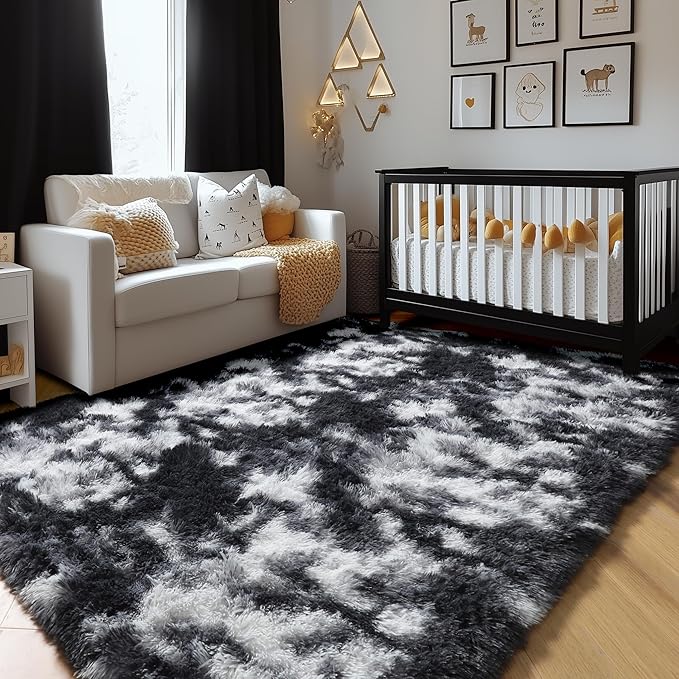 Amdrebio Black White Grey Rugs for Bedroom Living Room Decor, Fluffy Fuzzy Shaggy Furry Area Rug 5x7 for Kids Room Dorm Home Office Apartment, Shag Plush Floor Modern Cool Carpet for Teen Baby Boys