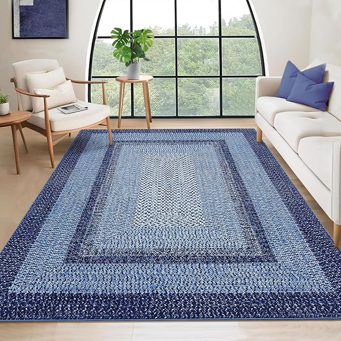 RUGSREAL Large Bedroom Rug 6x9 Machine Washable Rug Throw Floor Cover Farmhouse Rustic Dining Room Carpet Geometric Bordered Braided Carpet for Living Room Home Office, Navy