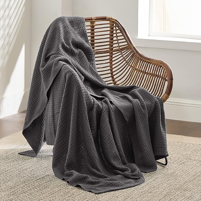 Bedsure Gentlesoft 100% Cotton Blanket Twin XL Size for College Dorm - Cooling Breathable and Soft for Spring Summer, Waffle Weave Twin Blanket for Bed, Dorm Room Essentials, Dark Grey, 66x90 inches