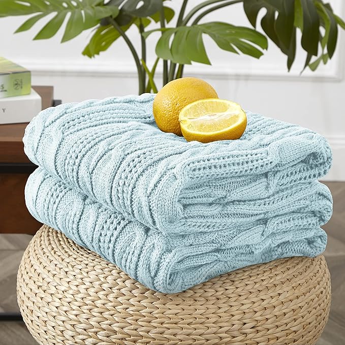 Aormenzy Cable Knit Throw Blankets 50 x 60 Inches, Soft Cozy and Lightweight Knitted Blanket, Machine Washable Acrylic Blanket, Decorative Throw Blanket for Couch Sofa Bed, Aqua Blue